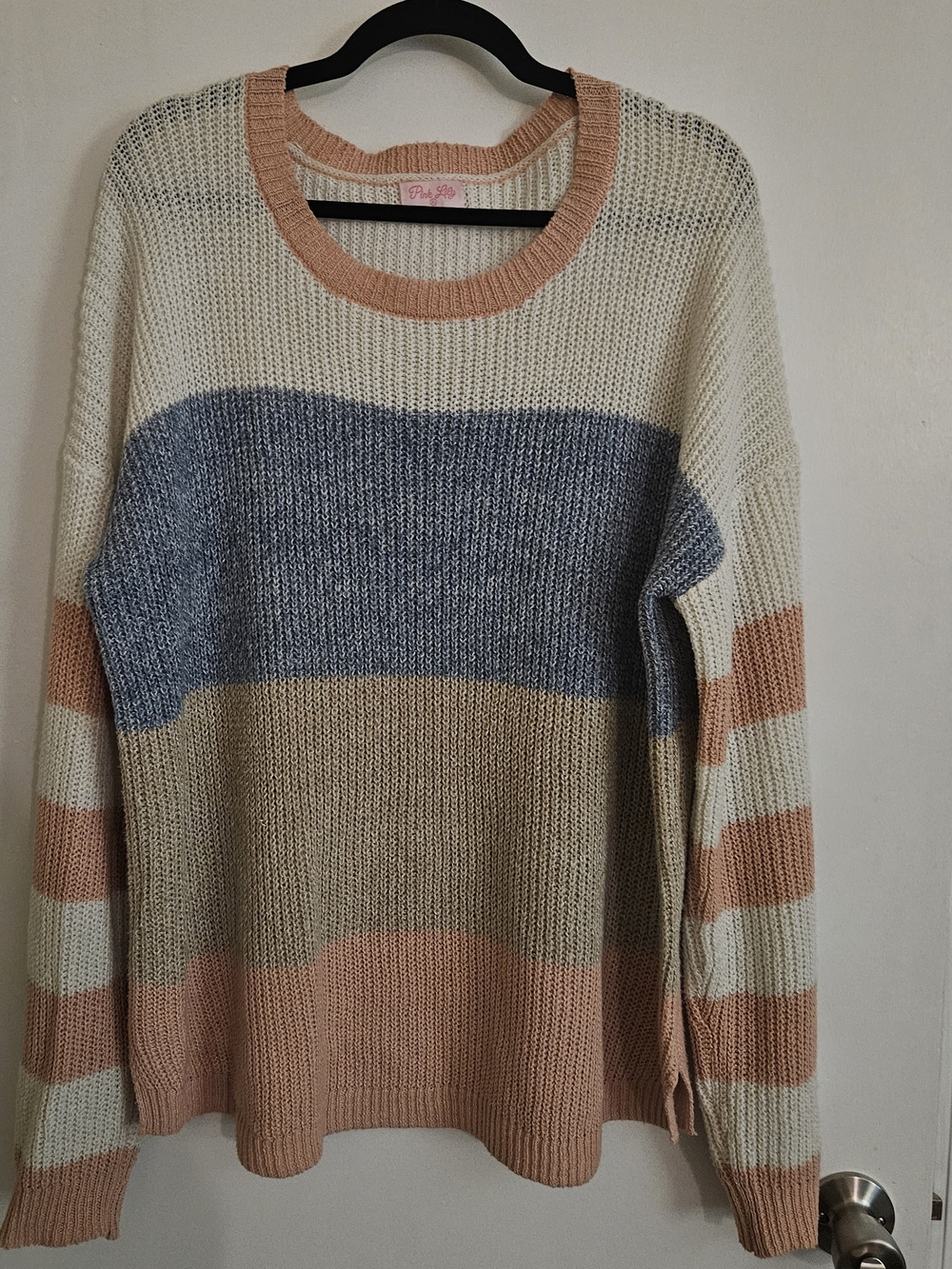 Pink Lily Colorblock Crewneck Sweater in Cream, Blue, Tan & Peach